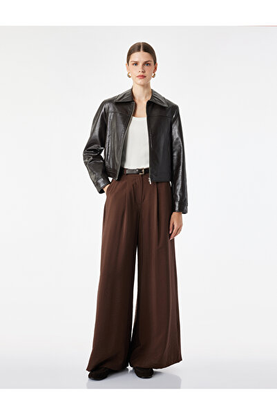 Koton Comfortable Cut Viscose Fabric Pleated Wide-Leg Trousers with Belt Detail