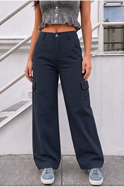 BİKELİFE Φαρδύ παντελόνι με ψηλόμεσο πόδι, Navy Blue Cargo Pocket Lycra