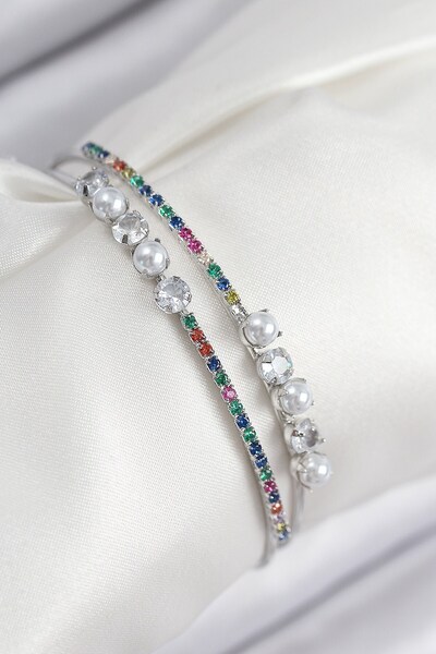 Inure Jewelry Brass Zircon Stone Pearl Model Silver Color Women's Bracelet