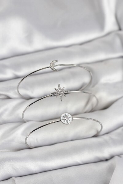 Inure Jewelry مجموعة أساور نسائية من 3 قطع من حجر الزركون الفضي اللون طراز بو...