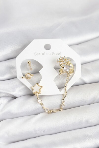 Inure Jewelry طقم أقراط من النحاس الأصفر اللون على شكل نجمة مع سلسلة متصلة