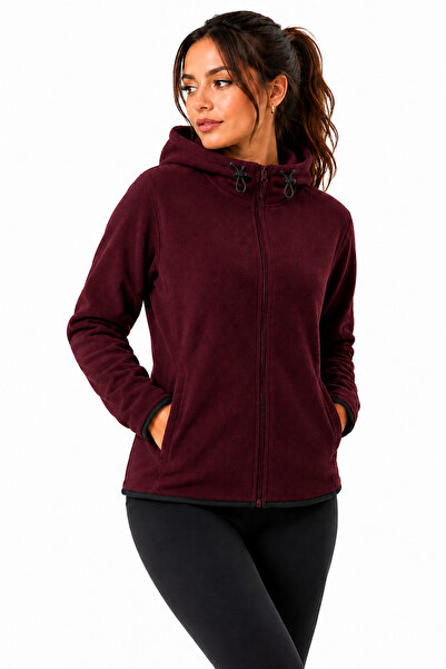GHASSY CO Kadın Bordo Kapşonlu Fermuarlı Polar Sweatshirt