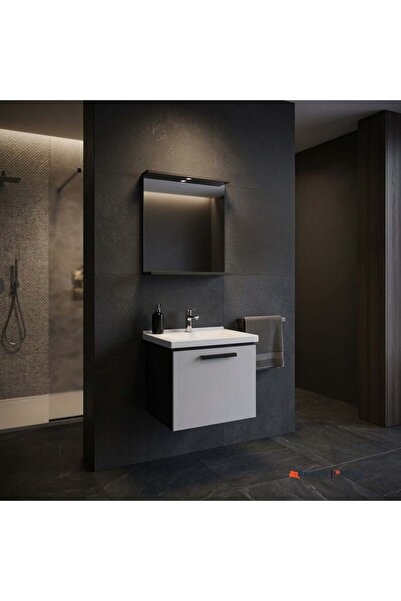 KALE Gris 65 cm Set Siyah Gri (Lavabo Dolabı + Ayna)