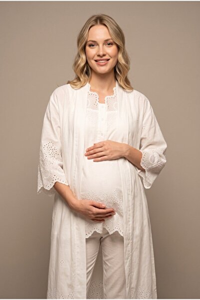 LOHOUSE Women's Linen Fisto Lace 3-Piece Maternity Pajama Set with Dressing Gown