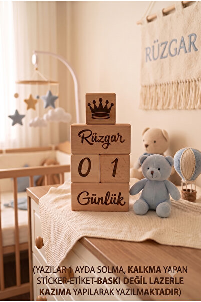 fikirstore %100 Doğal Ahşap Anne Bebek Anı Küpleri 5'li Set Lazer Kazımalı-isimlikli