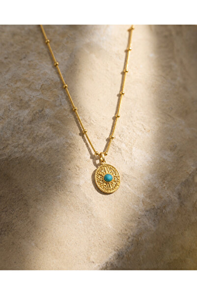 Owentis Steel Gold Blue Stone Antique Look Daystar Necklace -Does Not Tarnish-