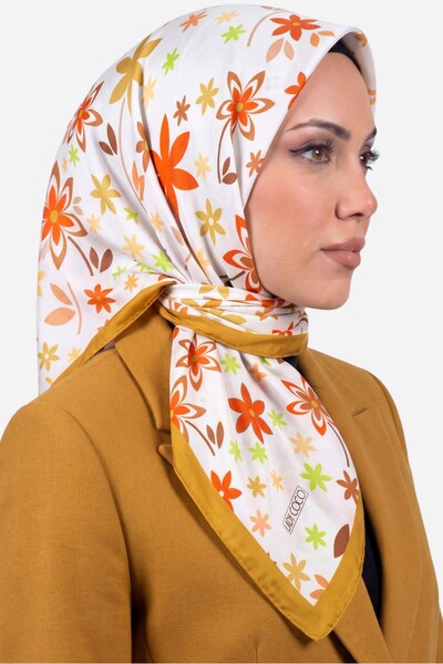 hadiora Women's White Yellow Floral Patterned Organic Cotton Soft Scarf