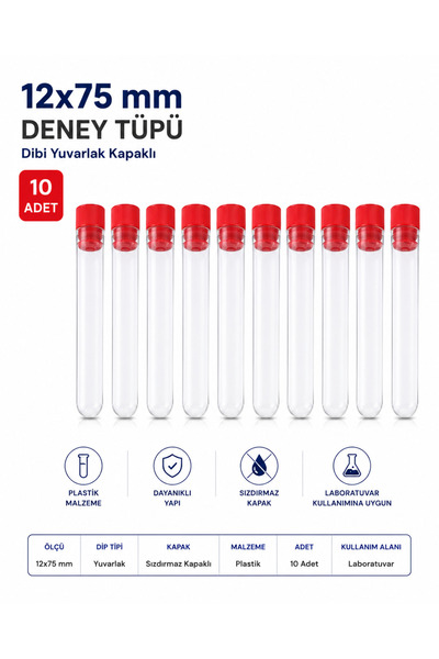 Labolist 12x75 Mm Deney Tüpü Dibi Yuvarlak Kapaklı (10 Adet)
