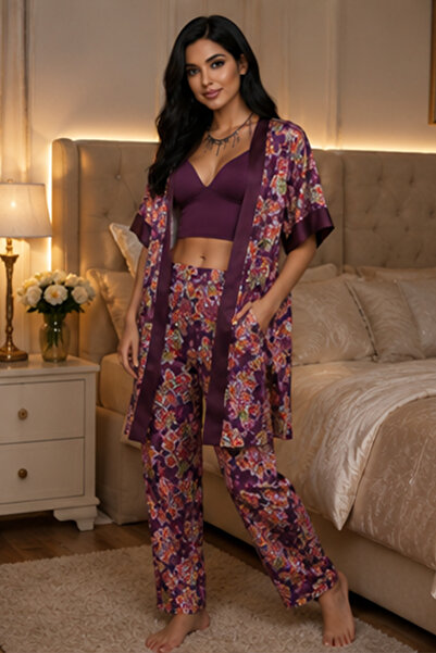 FIRST STYLE Very High Quality Purple Color Rose Printed Three Piece Turkish S...