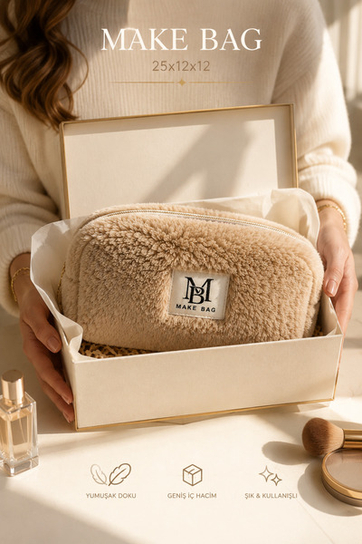 MAKE BAG VİZON PELUŞ MAKYAJ ÇANTASI