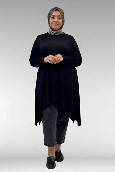Eslina 58070 Large Size Asymmetrical Cut Combed Cotton Tunic - Black