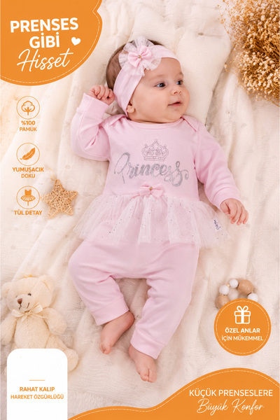 Rocha Baby Rocha Kız Bebek Prenses Temalı 3’lü Takım Gümüş Simli Baskılı Tüll...