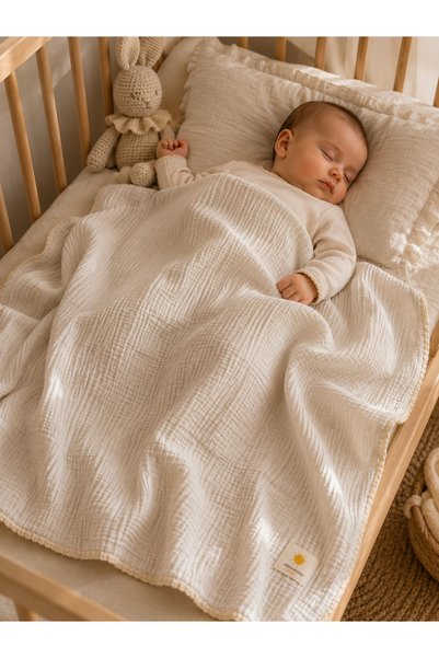 HEİANMONO Baby Blanket 100% Cotton Muslin & 4 Layers of Shepherd's Stitch & Latte (100X120 cm)