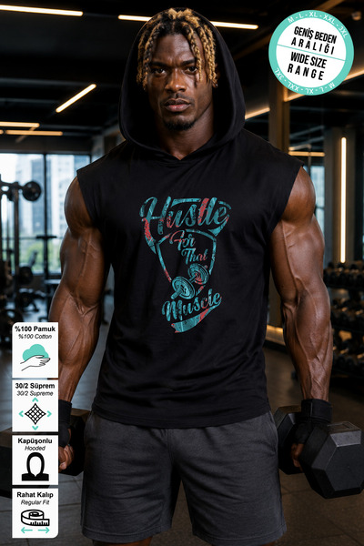 BESSA قميص رياضي أسود بغطاء رأس من نوع Athlete Hustle Muscle مطبوع قطن من الق...