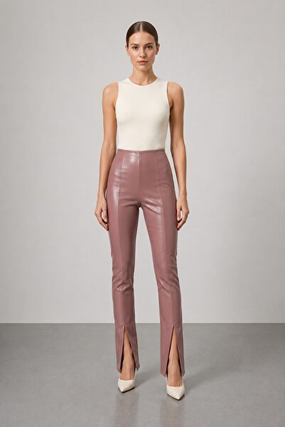 Grenj Fashion Pantaloni din piele cu talie înaltă Dusty Rose, cu fante în faț...