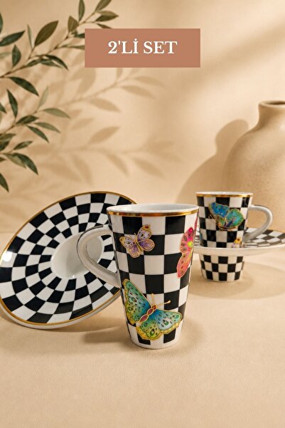 Edora Home Turkish Coffee Cup Set, Snap-On Checkerboard Pattern, Butterfly De...