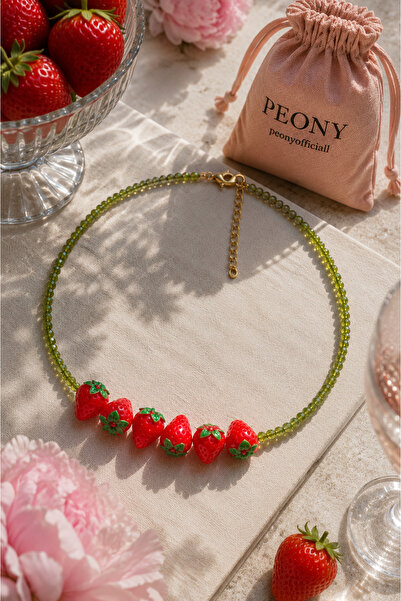 PEONY peonyofficiall Çilek Kolye Yeşil Kristal Çelik Kolye Meyve Kolye