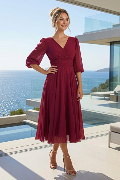 FaBe Fashion DİRSEK KOLLU KOL UCU LASTİKLİ KRUVAZE YAKA MİDİ ŞİFON NİKAH NİŞA...