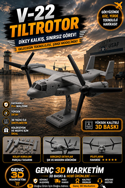 Genç 3D V-22 Tiltrotor Model Uçak | Koleksiyonluk Dekoratif Maket | 3D Tasarım