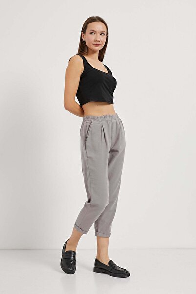 Arma Life Women's Elastic Waist Loose Linen Gray Carrot Trousers
