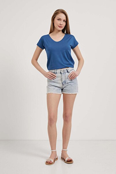 Arma Life Women's Loose Summer V-Neck Shabby Viscose Blue T-Shirt