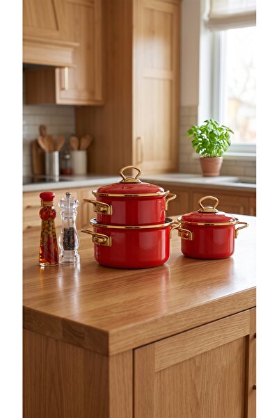 Bonera Set de vase emailate Academia 6 piese (14-16-18 cm) Roșu - Cu capace e...