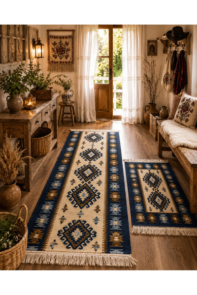 Horecahome Covoare tradiționale 1+1, 80x200cm+60x90cm, albastru și crem, mode...