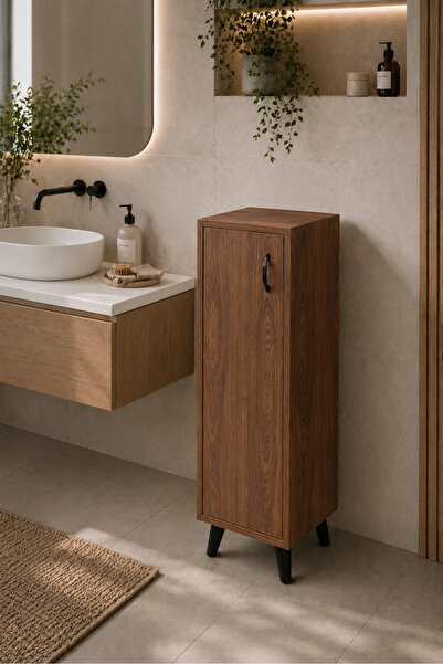 Egecan Mobilya Ceviz Tek Kapaklı 3 Raflı Banyo Dolabı Havlu Dolabı Sabunluk K...
