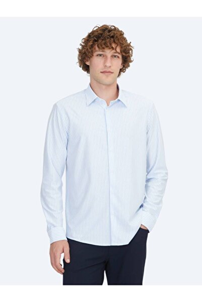 Kip Blue Striped Regular Fit Long Sport Cotton Blend Shirt