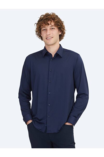 Kip Navy Blue Regular Fit Long Casual Shirt