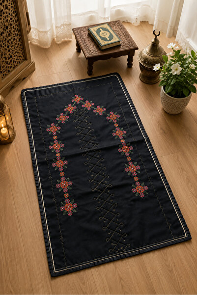 Kandilli Dowry Box Cross-Stitch Etamin Embroidered Black Prayer Rug 70 X 120