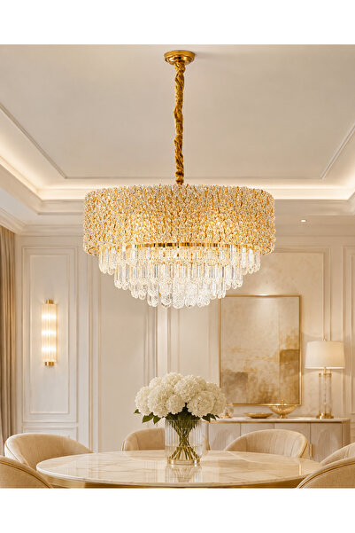 kristalavize Kristal Taşlı Gold Avize 50 cm – 5 Sıra Sarkıt Taşlı Şık Salon v...