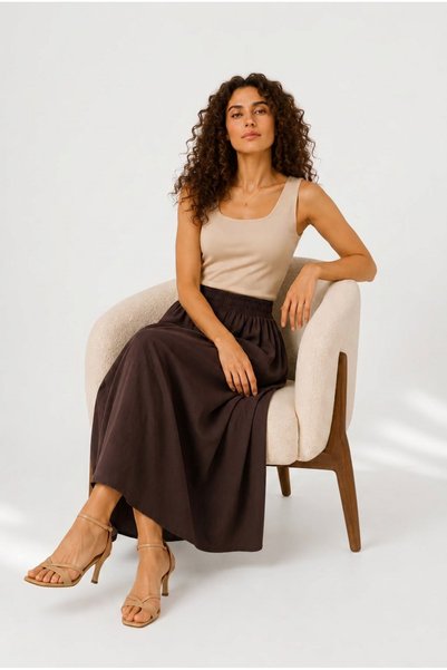Warasiva Women's Brown 100% Tencel Fabric Skirt with Elastic Waist and Pocket Detail