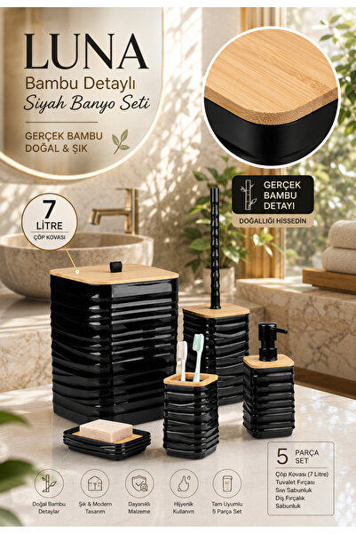 Store Hgy Home Real Bamboo Detailed Luna Black 5-Piece Bathroom Set - 7 Liters