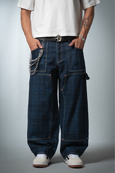 GRJ denim Indigo karirane traperice širokih nogavica, super široke muške farm...