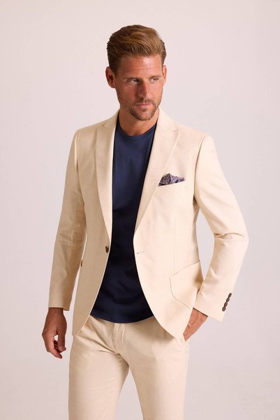 Ysf Erkek Bej Takım Elbise Keten Slim Fit Sivri Yaka