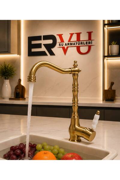 Ervu Yapı Mat Altın Musluk Mutfak Eviye (SICAK SOĞUK GİRİŞLİ, PİRİNÇ MALZEME)...