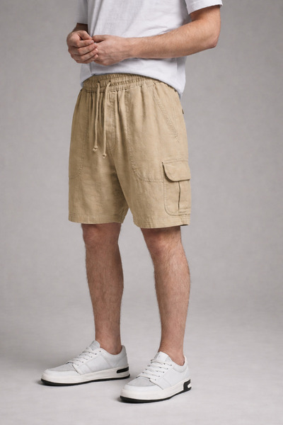 DAMGA JEANS Men's Casual Cargo Pocket Beige Linen Shorts with Elastic Waist