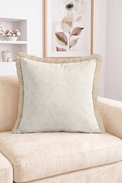 Realhomes Cream Damask Patterned and Beige Fringed Edged Throw Pillow Cover -...