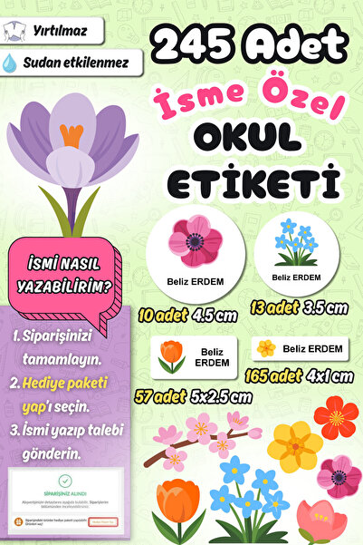 Sticker Ekspres Okul Etiketi Çiçek Temalı Kalem Defter Etiketi Özel İsim Yazı...