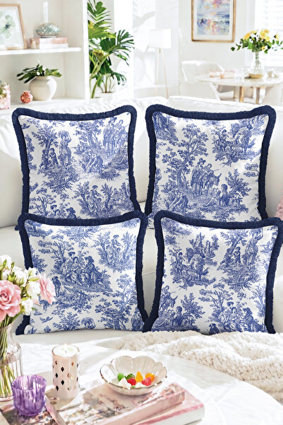 Realhomes Set of 4 Fringed Throw Pillow Covers with Blue and White Toile De J...