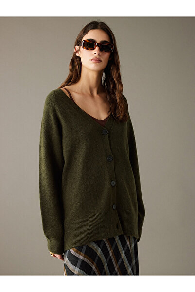LC Waikiki Nevavm Lcw Vision Khaki Knitwear Plain Midi Women's Cardigan with ...