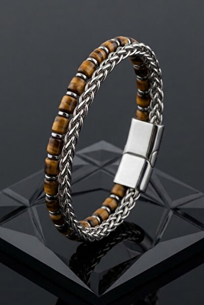 OSMANLI GÜMÜŞ Men's Steel Bracelet with Tiger's Eye Natural Stone and Steel M...
