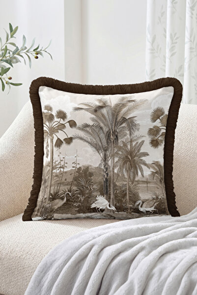 Realhomes Beige Brown Drawing Patterned Fringed Throw Pillow Cover with Tropi...