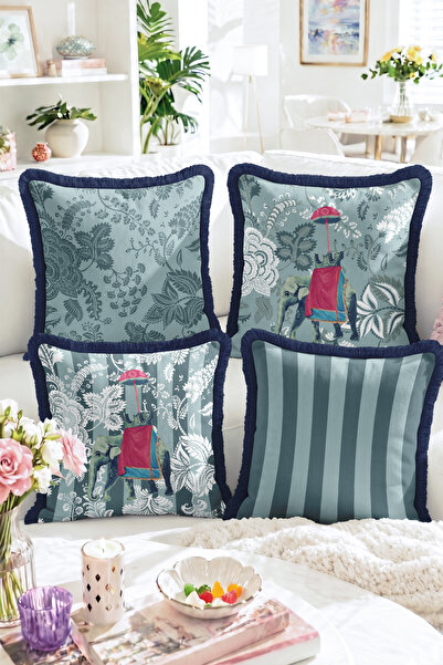 Realhomes Set of 4 Fringed Throw Pillow Covers with Elephant Figures, Floral ...