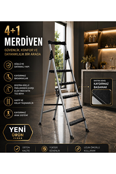 Kiwa Metal 4+1 MERDİVEN Özel Ekstra Geniş Kaydırmaz Basamak Kolay Taşıma Apar...