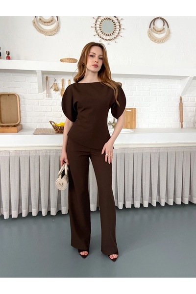 maf collection Set pentru femei, maro, cu croială asimetrică și mâneci balon