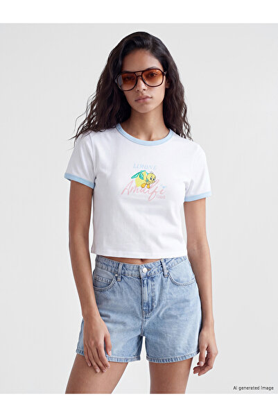 LC Waikiki Two Mt Shop Quality Oval Collar Tweety Printed Women's Crop Top