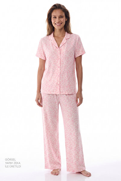 Penti Pink Leopard Short Sleeve Shirt Pants Pajama Set