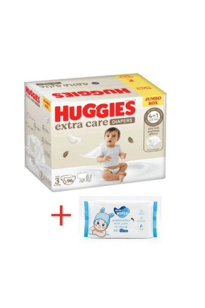 Huggies Box حفاضات هاجيز ألترا كومفورت مقاس 3 علبة جامبو 96 قطعة + مناديل مام...